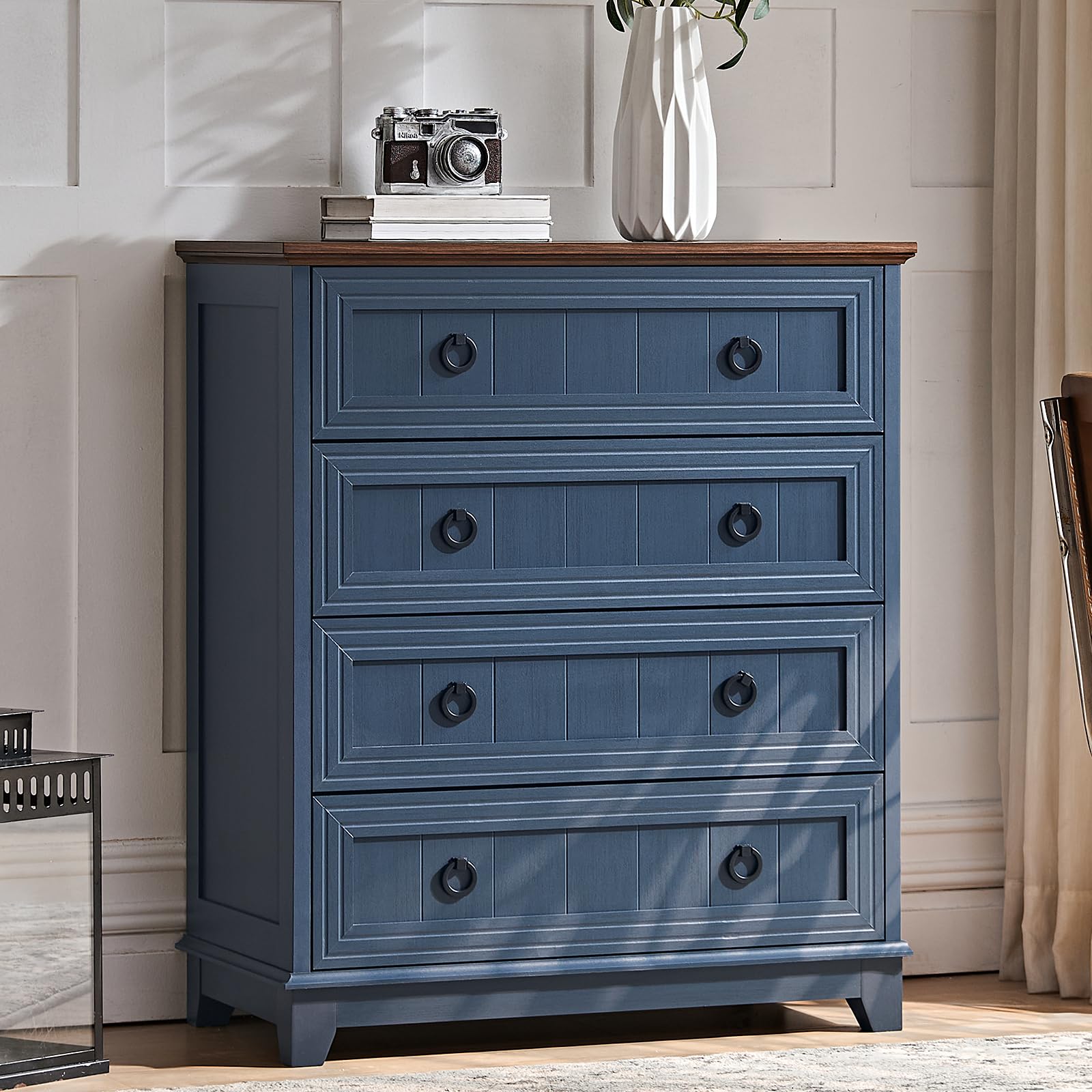 18" Farmhouse Night Stand with Charging Station, 2 Drawers End Table Dresser for Bedroom, Blue Wooden Nightstand, Bed Side Table with Open Shelf, Bedside Cabinet for Living Room, Closet
