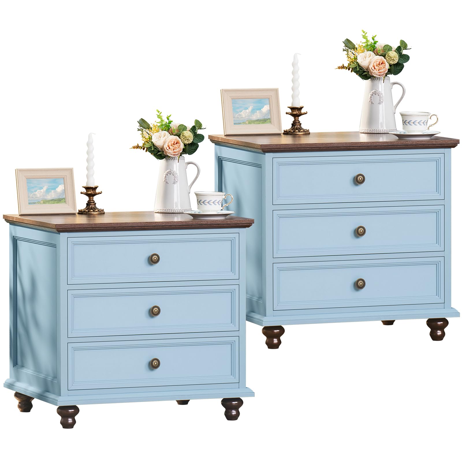 Farmhouse 54" 7 Drawers Dresser for Bedroom, Wide Chest of Drawers w/ 4 Wooden Legs, Vintage Rustic Large Closet Storage Dressers Organizer for Hallway, Wood TV Stand for Living Room, Blue