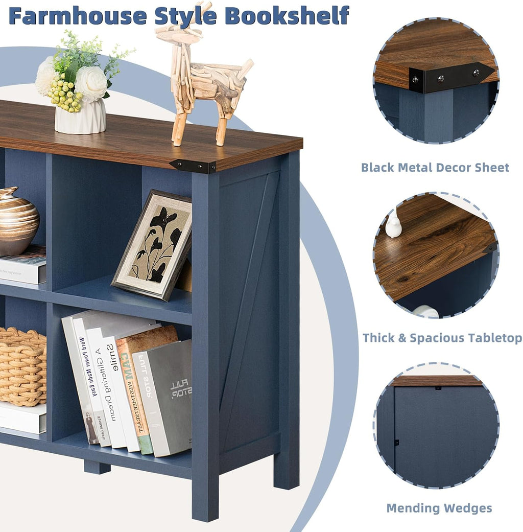 Farmhouse-style bookcase console with navy side panels and dark wood tabletop