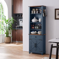 Blue tall bookcase cabinet with open shelves and lower double doors, storage drawer front