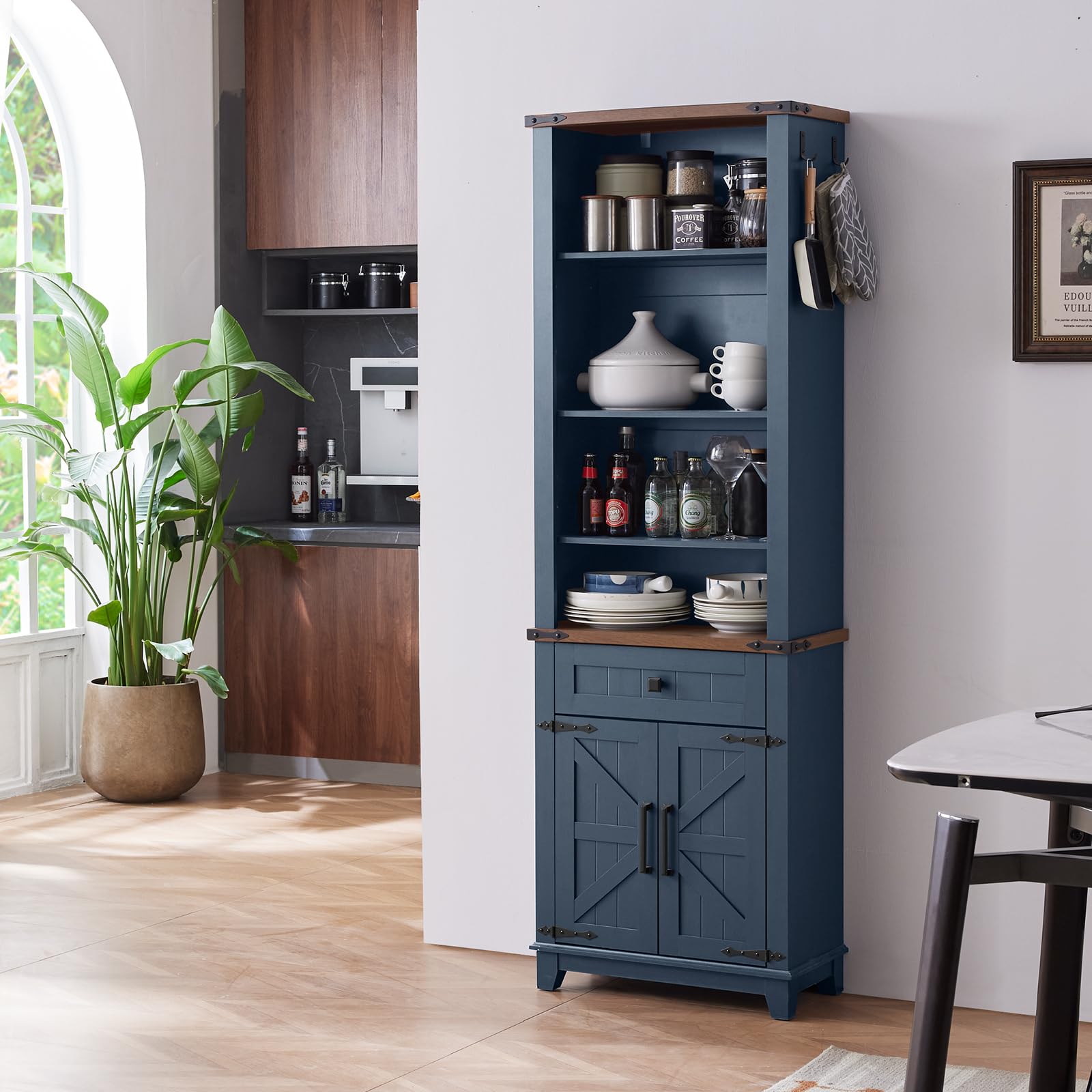 Blue freestanding bookcase cabinet with adjustable shelves and double doors