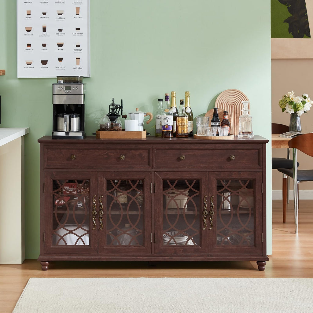Farmhouse sideboard buffet cabinet in dark brown wood with multiple glass doors