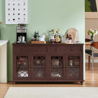 Dark brown farmhouse sideboard cabinet with arched glass doors and multiple top drawer pulls