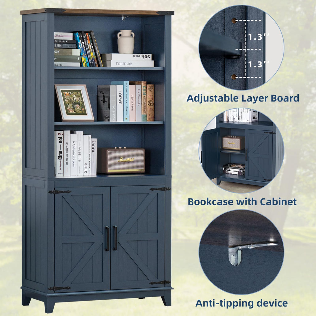 70in Tall Bookshelf 5 Tier Bookcase with Barn Doors and Adjustable Shelves, Blue Farmhouse Book Shelf with Storage Cabinet, Wood Freestanding Display Bookshelves for Bedroom, Living Room | Bookcase, Barn Doors, Adjustable Shelves, Book Shelf, Storage Cabi