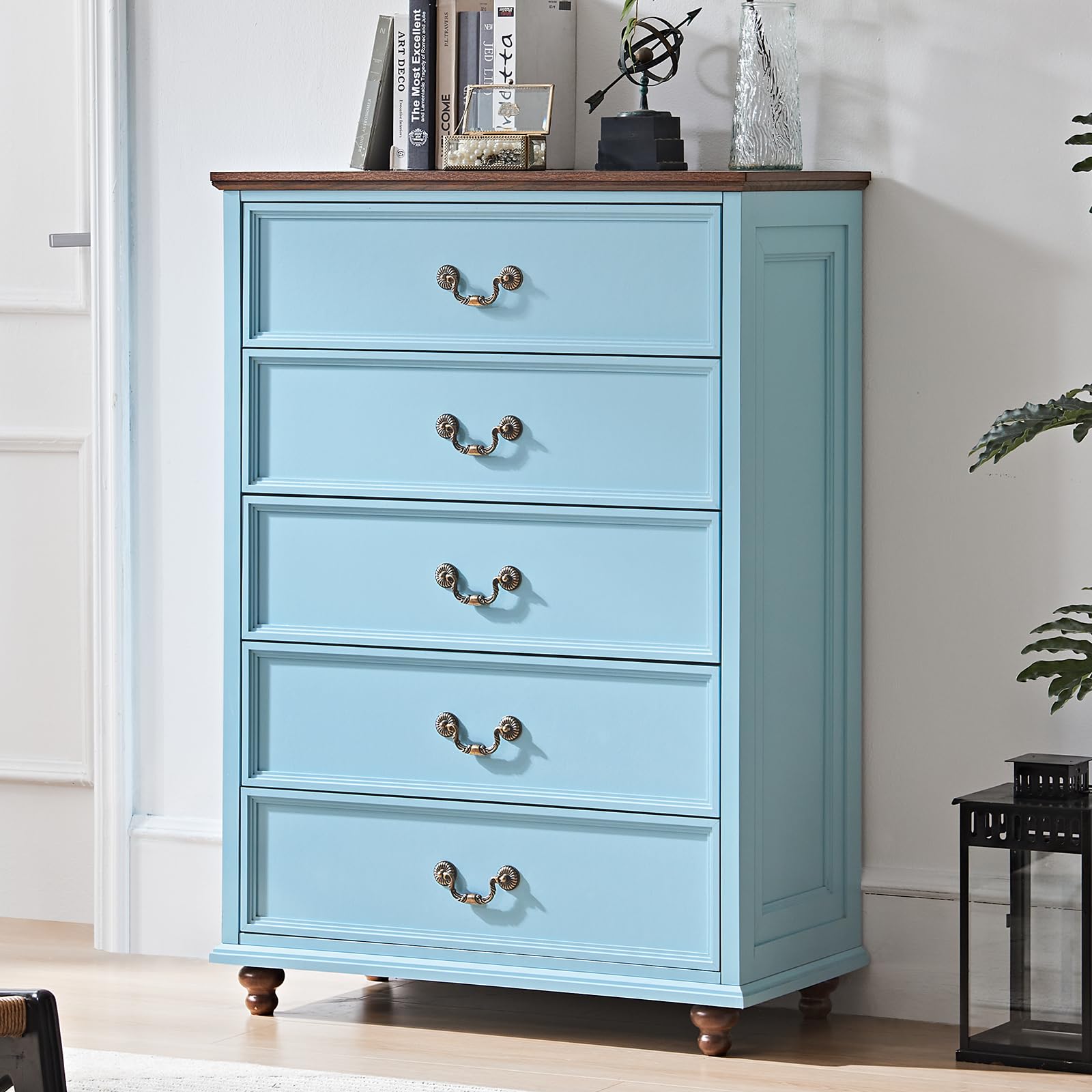 Farmhouse 5 Drawer Dresser for Bedroom, 45" Tall Rustic Chests of Drawers w/ 4 Solid Wood Feet, Mid Century Modern Wooden Closet Storage Dressers Organizer for Living Room, Hallway, Navy Blue