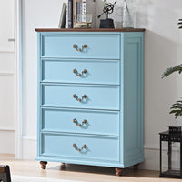 Light blue wooden dresser with four drawers and brass handles on bun feet.