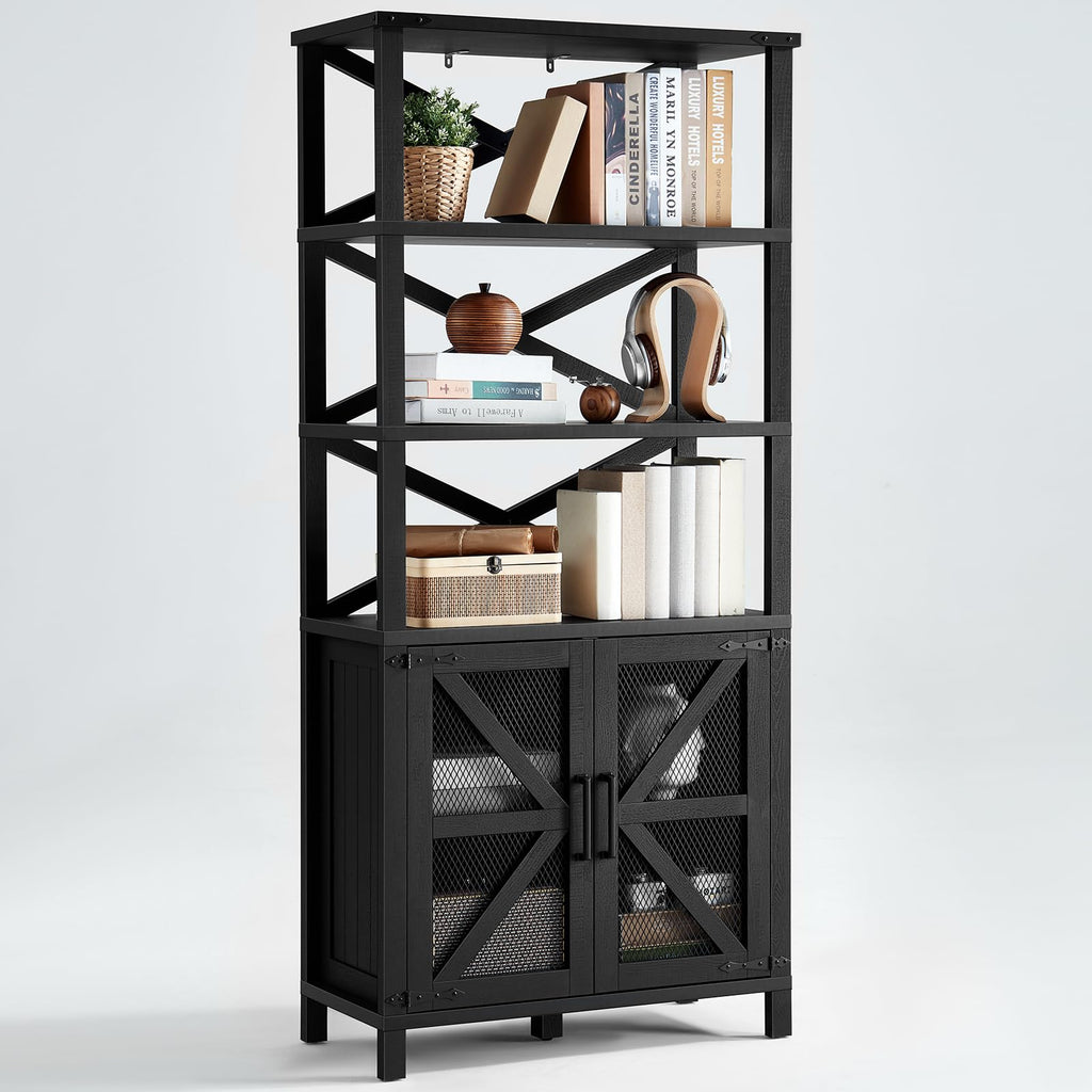 Black bookcase with open shelves and two cabinet doors with crisscross X panels