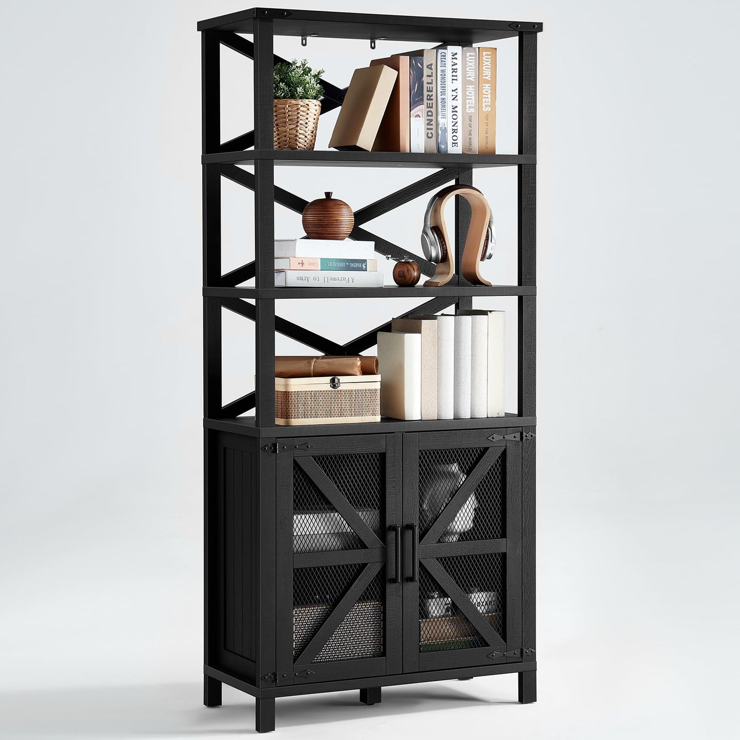 Black wood bookcase with open shelves and two cabinet doors with mesh panels