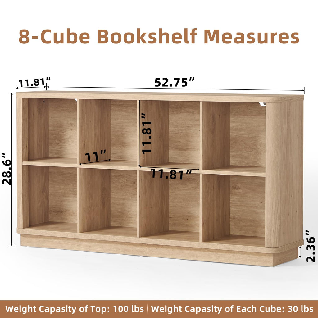Natural oak wood cube bookcase with 8 open cubbies and curved front edge, low console style