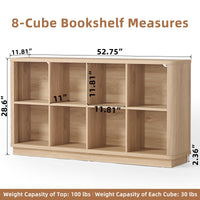 Natural oak wood cube bookcase with 8 open cubbies and curved front edge, low console style