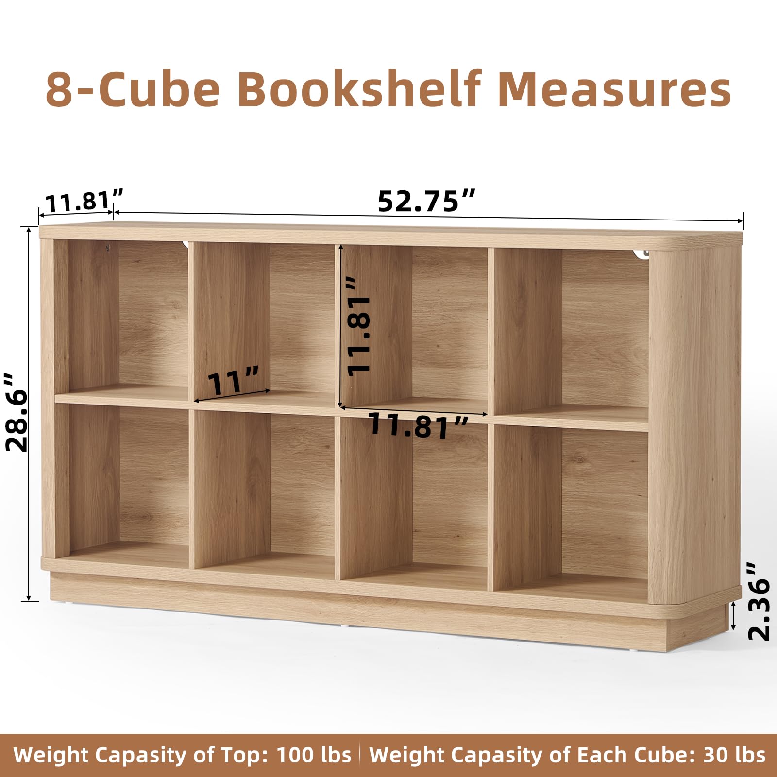 Natural oak wood cube bookcase with 8 open cubbies and curved front edge, low console style