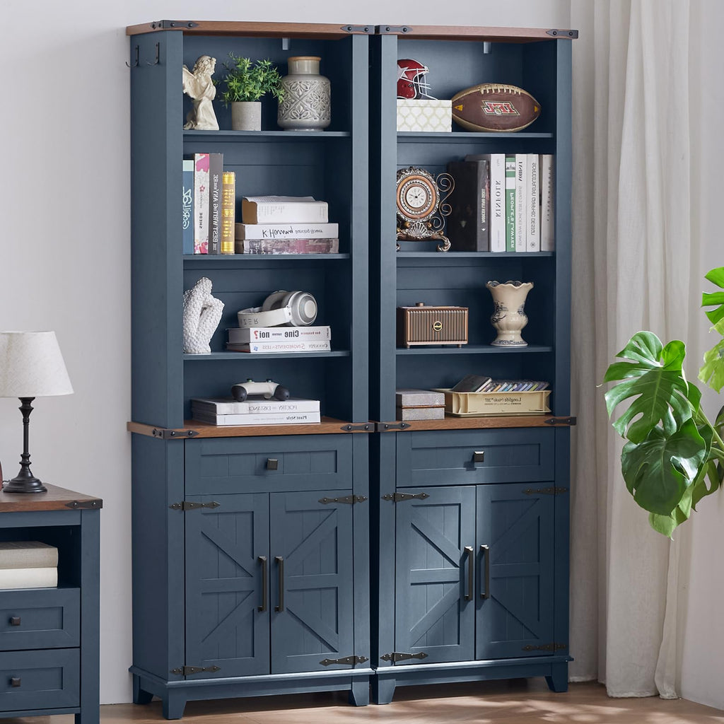 Blue bookcase with open shelves above and barn-door cabinet doors on bottom
