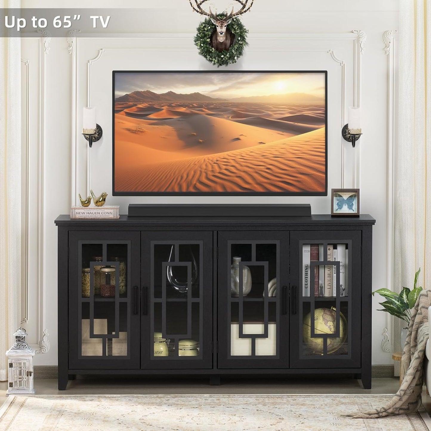 Sideboard buffet cabinet with glass doors and TV-ready top, dark blue-gray finish