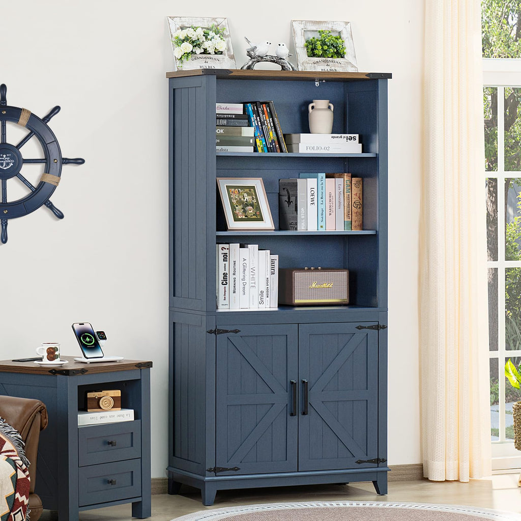 70in Tall Bookshelf 5 Tier Bookcase with Barn Doors and Adjustable Shelves, Blue Farmhouse Book Shelf with Storage Cabinet, Wood Freestanding Display Bookshelves for Bedroom, Living Room | Bookcase, Barn Doors, Adjustable Shelves, Book Shelf, Storage Cabi