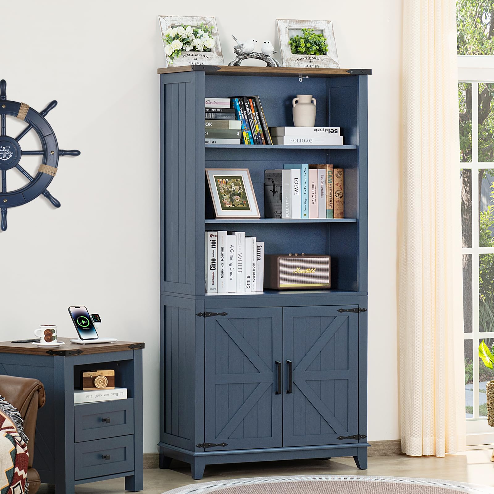 70in Tall Bookshelf 5 Tier Bookcase with Barn Doors and Adjustable Shelves, Blue Farmhouse Book Shelf with Storage Cabinet, Wood Freestanding Display Bookshelves for Bedroom, Living Room | Bookcase, Barn Doors, Adjustable Shelves, Book Shelf, Storage Cabi