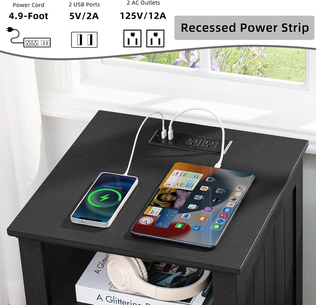 Black wooden nightstand with recessed power strip, USB ports, and charging area