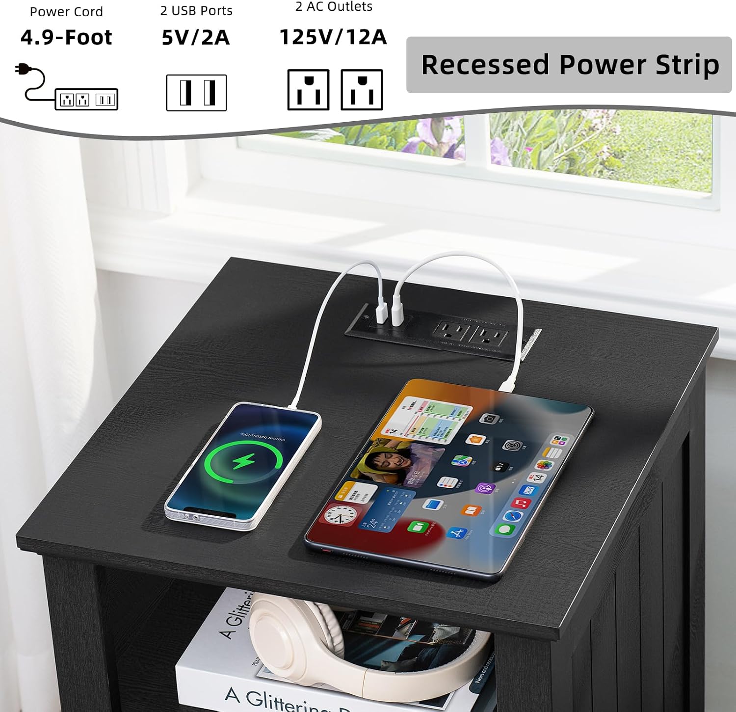 Black wooden nightstand with recessed power strip, USB ports, and charging area