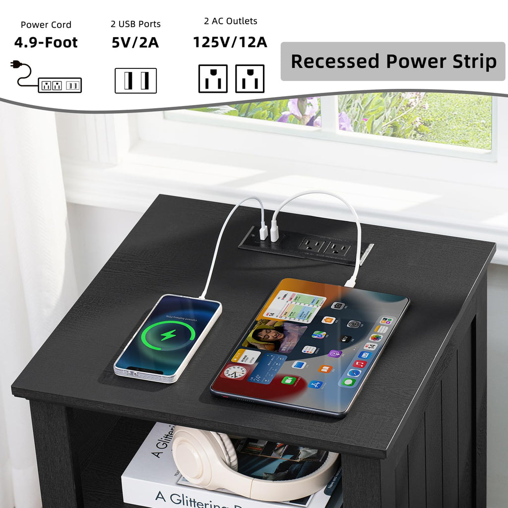 Black nightstand with recessed power strip on top, 3 drawers with metal knobs.