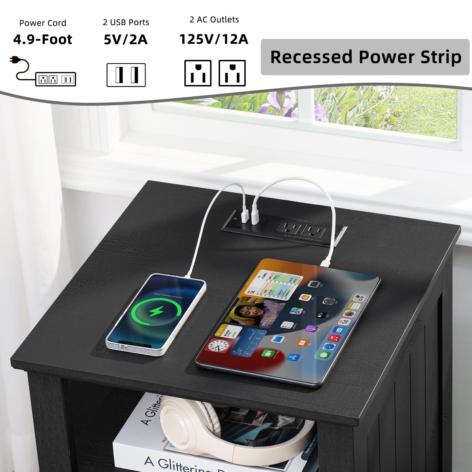 Black nightstand with recessed power strip on top, 3 drawers with metal knobs.