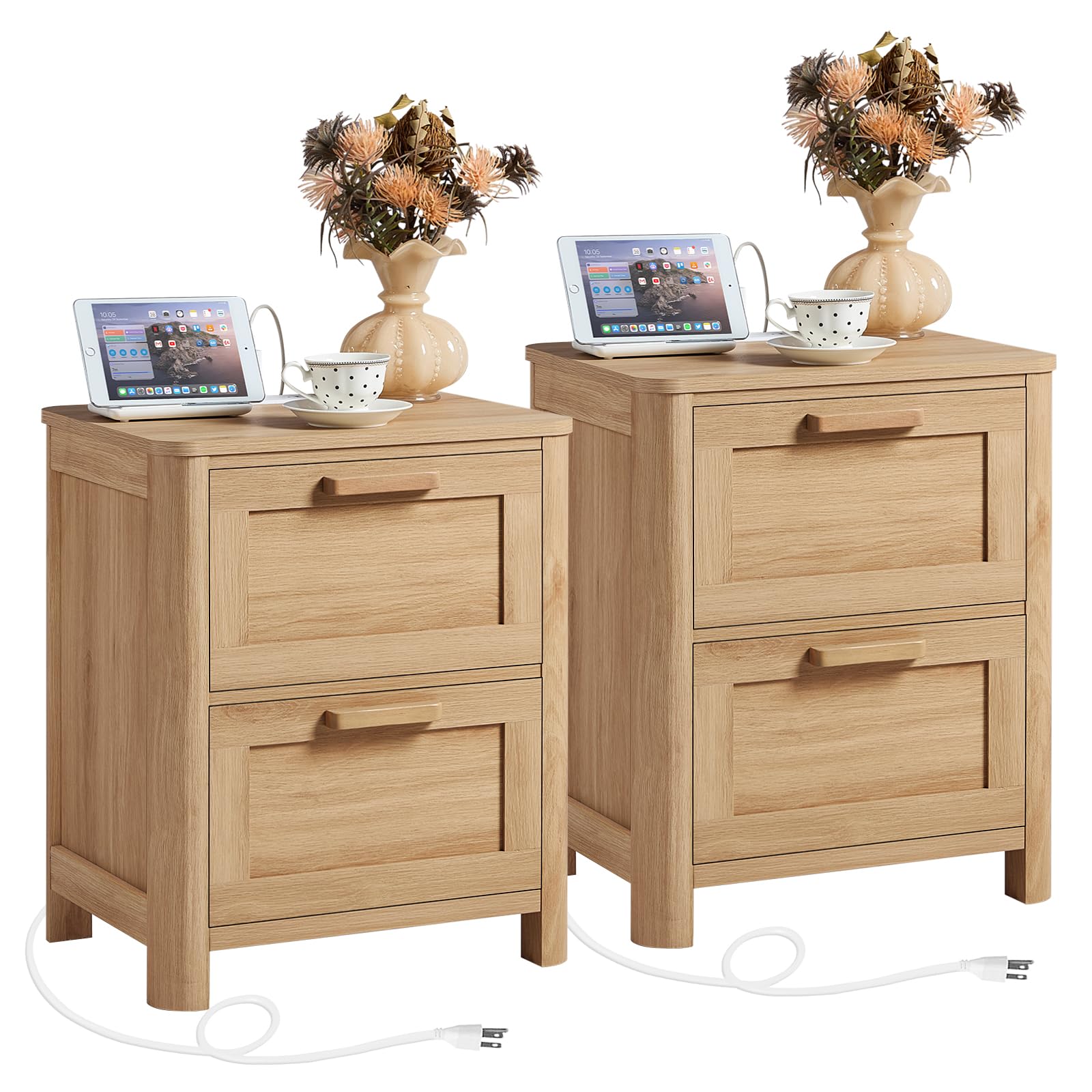 Farmhouse Nightstand with Charging Station, End Tables Bedroom with 2 Large Drawers & 4 Thickened Table Legs, Walnut