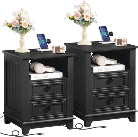 Black wooden nightstands set of 2 with charging area, open shelf, and two drawers