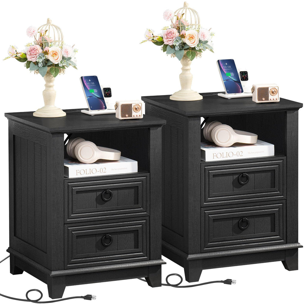 Black farmhouse nightstand set of 2 with three drawers and round metal pulls