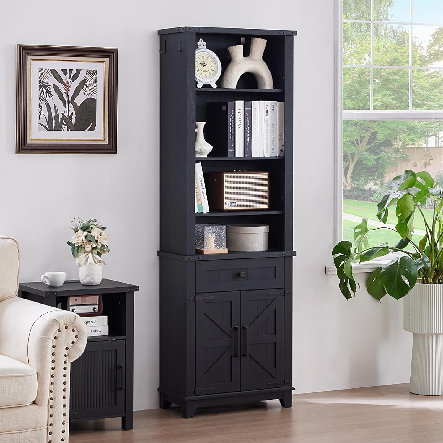 72in Tall Bookshelf 7 Tier Bookcase with Drawer and Barn Doors and Adjustable Shelves, Black Farmhouse Book Shelf with Storage Cabinet, Wood Freestanding Display Bookshelves for Living Room
