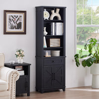Black tall bookcase with open shelves, stacked cabinet doors, and center drawer