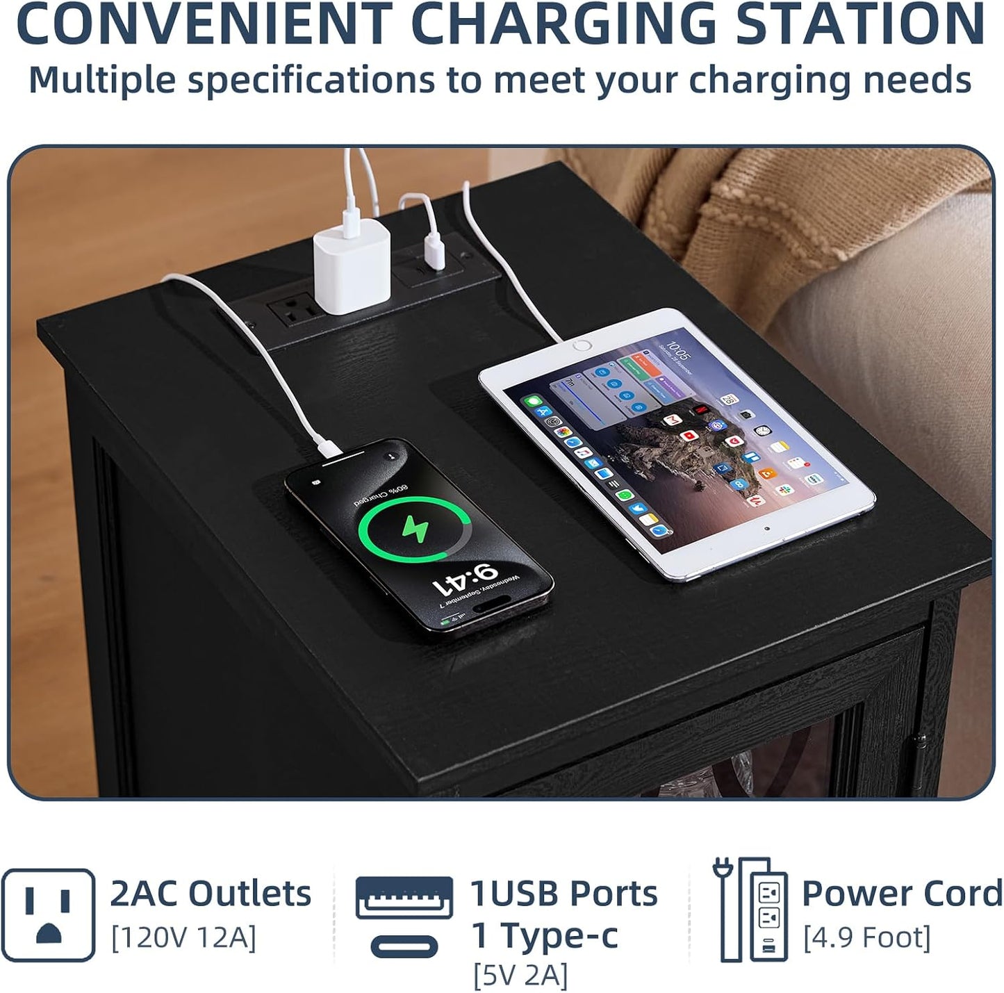 Narrow Side Table with Charging Station, Night Stand with Glass Door, Bedside End Tables with Adjustable Shelf Storage Cabinet,Wood Nightstand for Small Spaces Living Room Bedroom