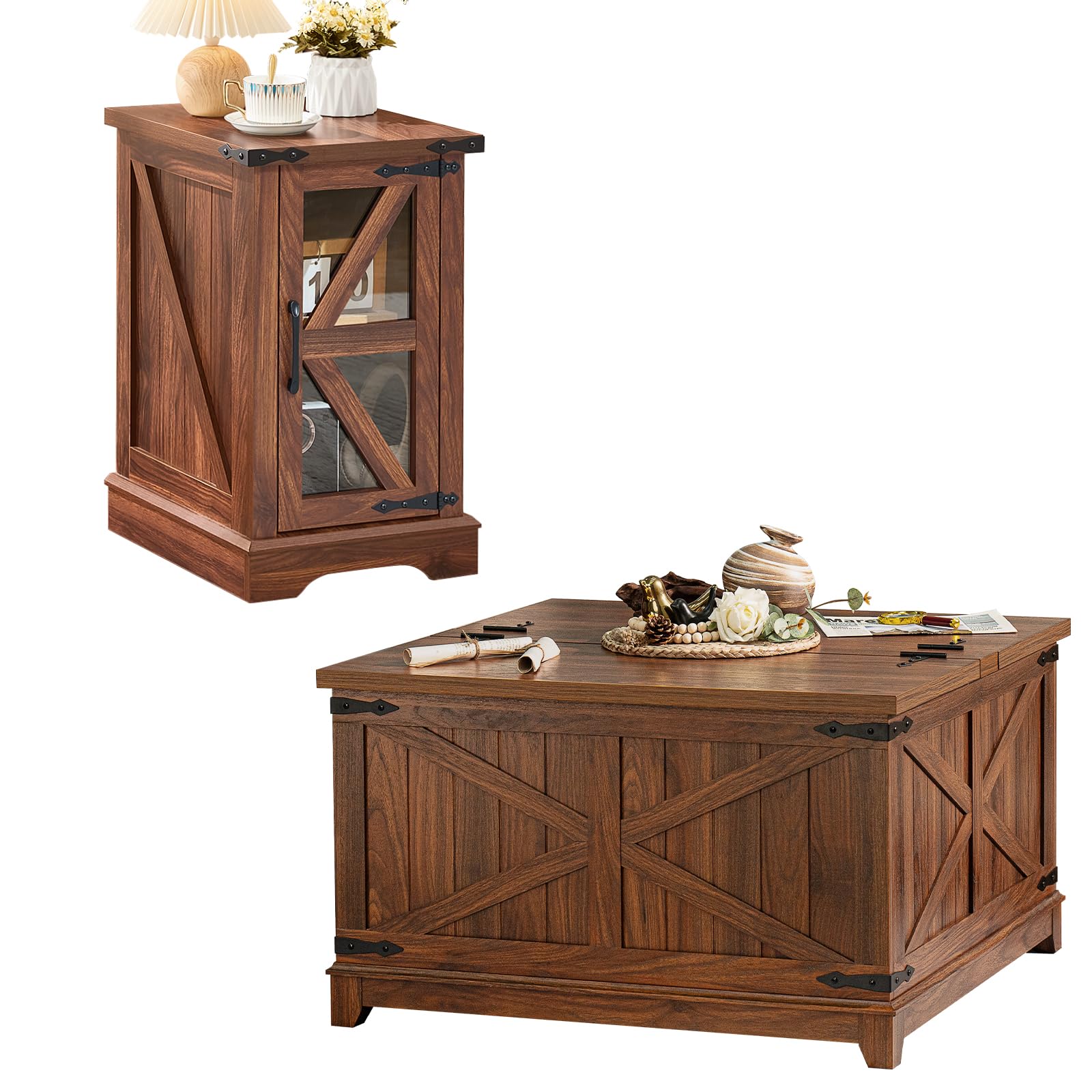 Farmhouse Coffee Table Sets 3 Pieces, Narrow Night Stand with Glass Barn Door Storage, Large Coffee Tables with Hidden Storage Organizer, Wood Furniture Sets for Living Room, Office, Blue