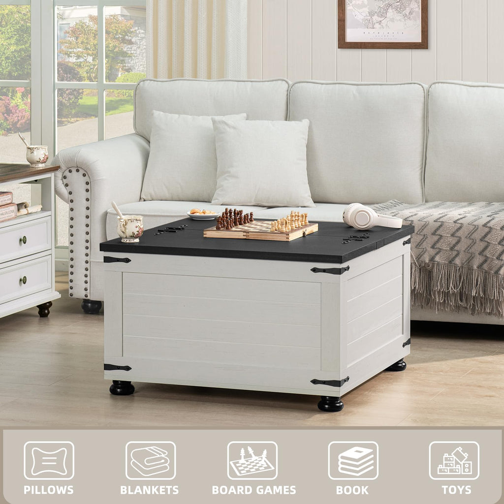 Square coffee table with dark top, white body, and four gourd-shaped feet