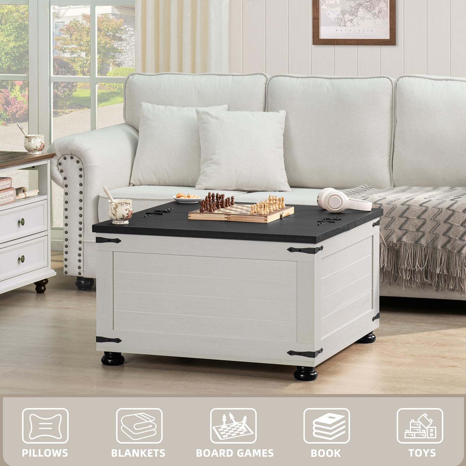 Square coffee table with dark top, white body, and four gourd-shaped feet