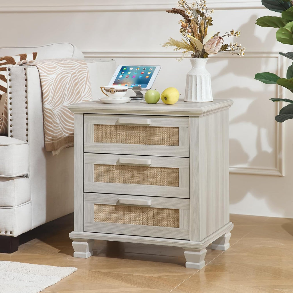 Wood bedside nightstand with three drawers and woven rattan panels; turned foot legs