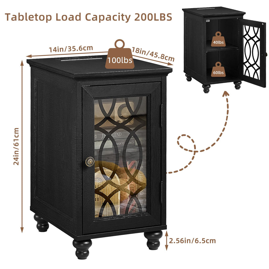 Black narrow nightstand with glass door, side view with size and load diagram