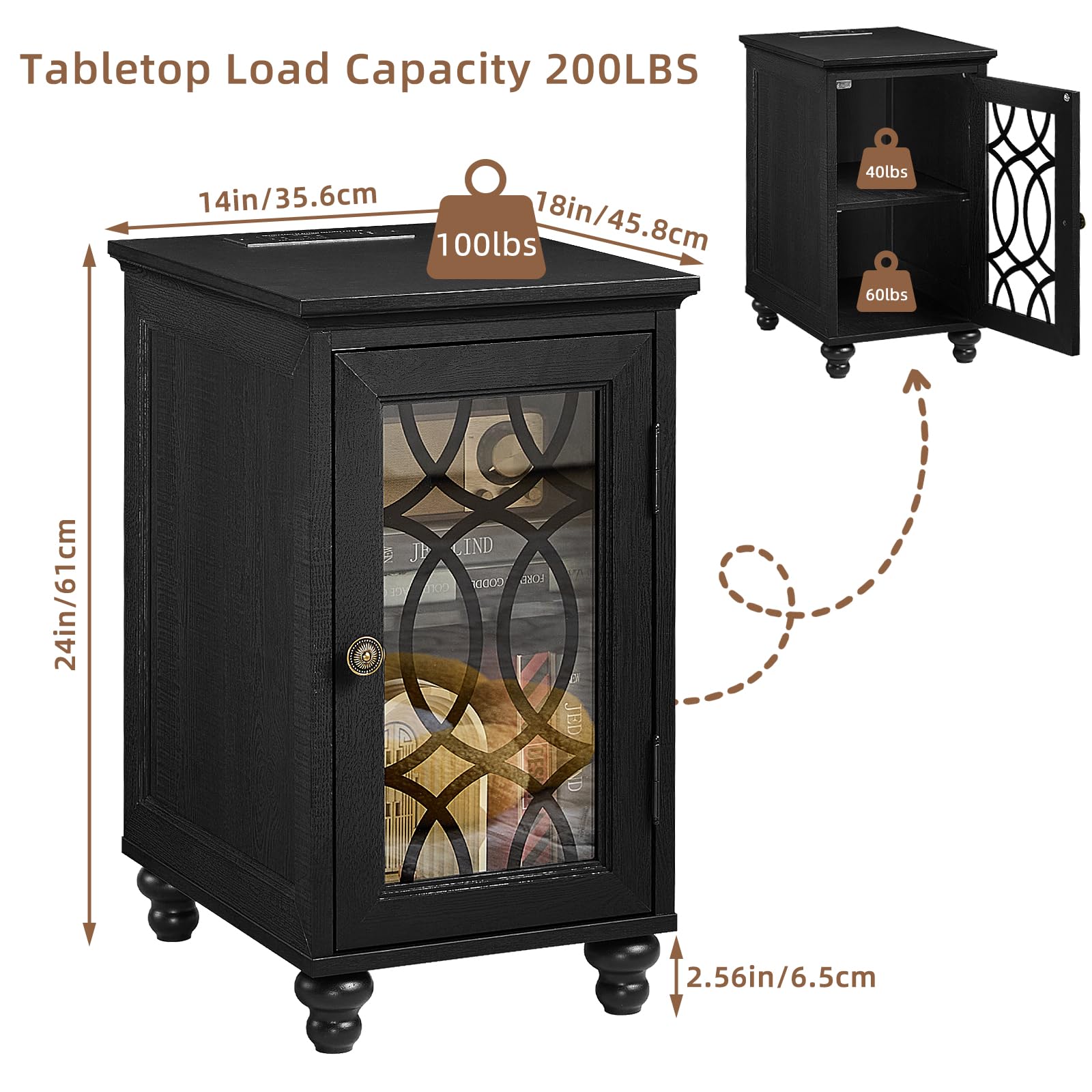 Black narrow nightstand with glass door, side view with size and load diagram
