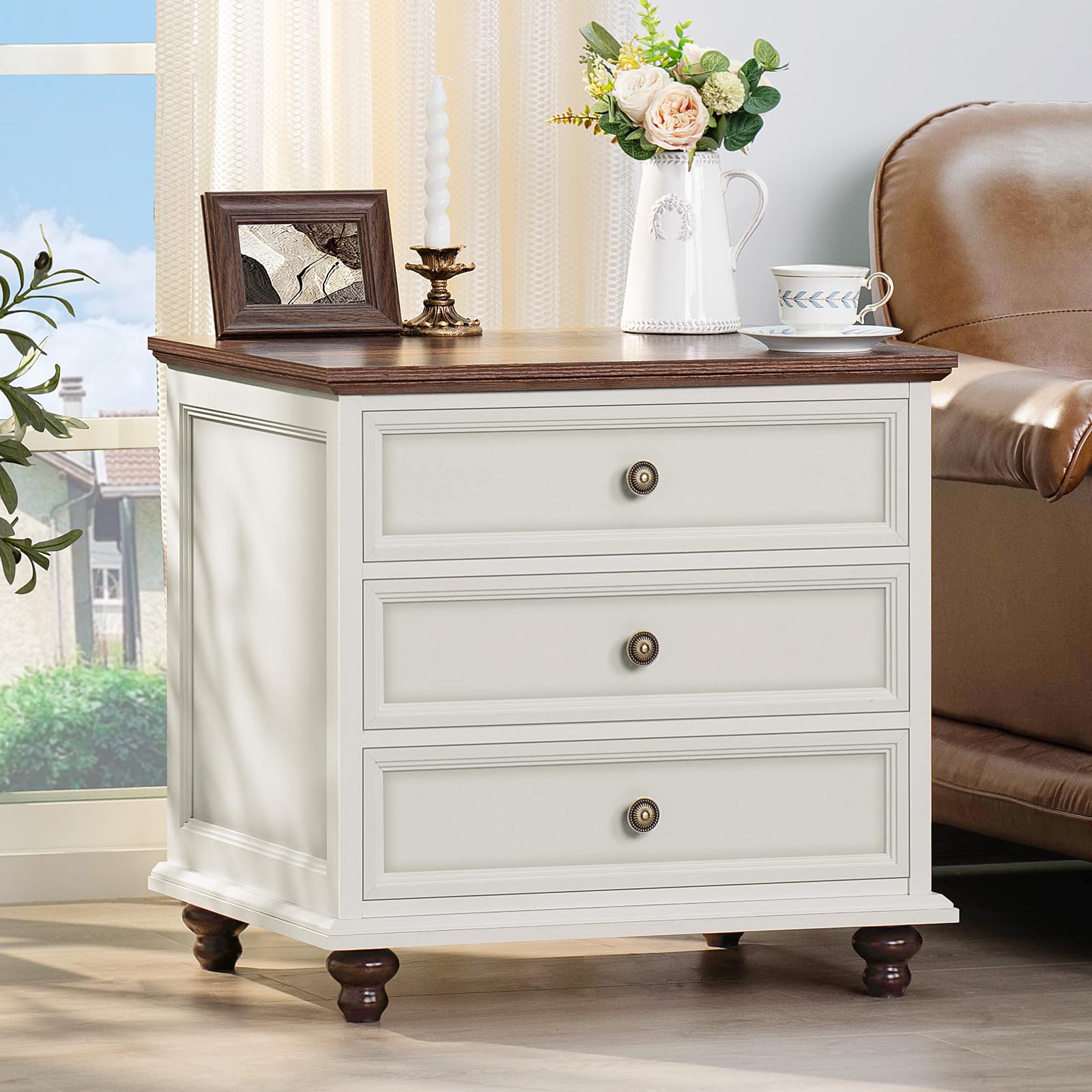 Farmhouse nightstand with 3 drawers and round metal knobs, white finish