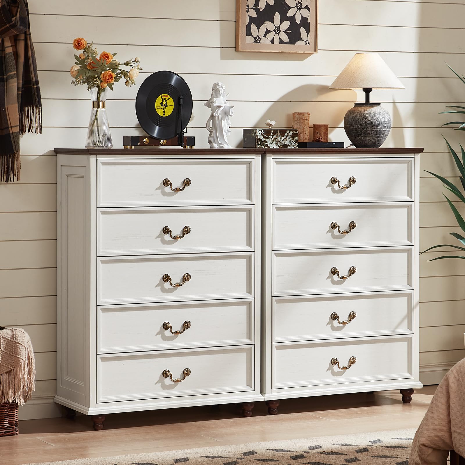 Farmhouse 5 Drawer Dresser for Bedroom, 45" Tall Rustic Chests of Drawers w/ 4 Solid Wood Feet, Mid Century Modern Wooden Closet Storage Dressers Organizer for Living Room, Hallway, Navy Blue