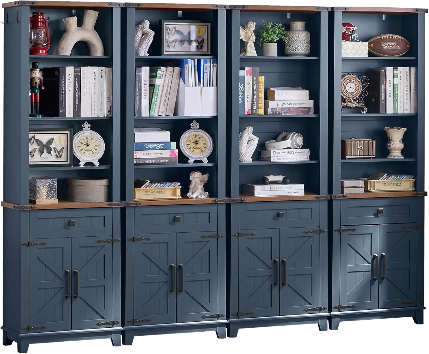 72in Tall Bookshelf 7 Tier Bookcase with Drawer and Barn Doors and Adjustable Shelves, Black Farmhouse Book Shelf with Storage Cabinet, Wood Freestanding Display Bookshelves for Living Room