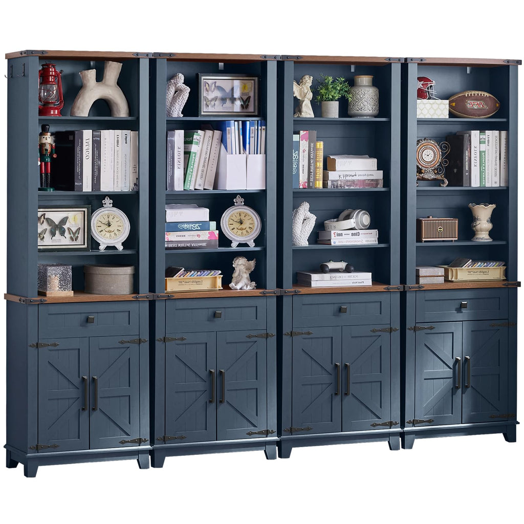 Blue farmhouse bookcase with open shelves, X-pattern barn doors, and center drawers