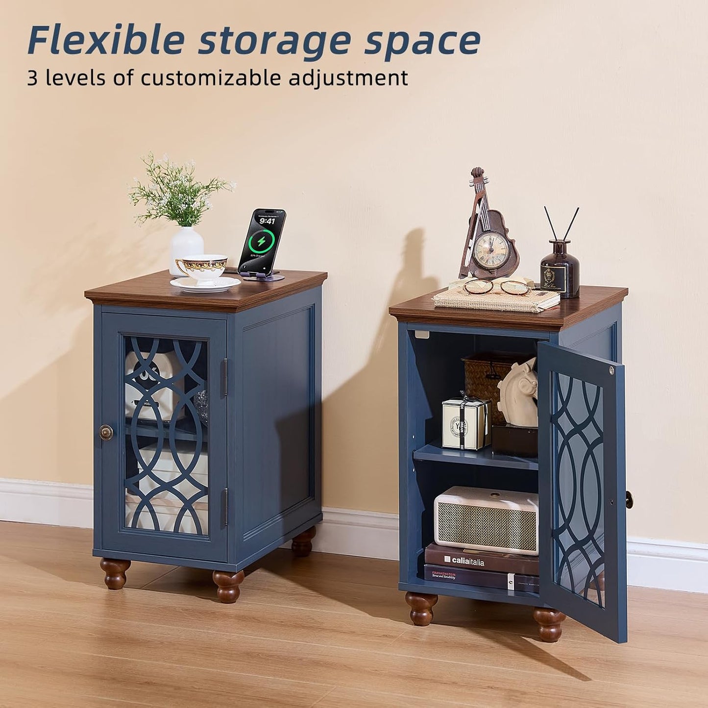 Narrow Side Table with Charging Station, Night Stand with Glass Door, Bedside End Tables with Adjustable Shelf Storage Cabinet,Wood Nightstand for Small Spaces Living Room Bedroom