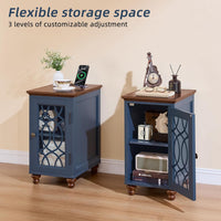 Narrow Side Table with Charging Station, Night Stand with Glass Door, Bedside End Tables with Adjustable Shelf Storage Cabinet,Wood Nightstand for Small Spaces Living Room Bedroom