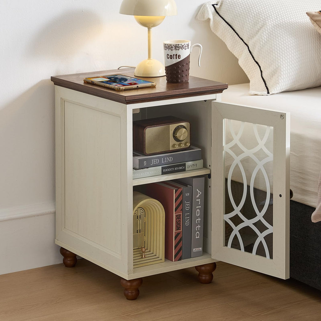 White wood bedside cabinet with glass door and interior shelves, dark tabletop