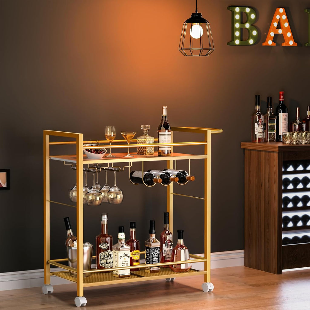 Gold 2-tier rolling bar cart with wine rack, stemware hooks, and storage shelves.