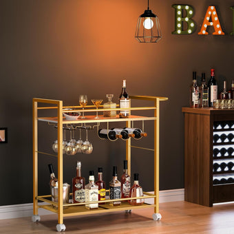 compare product Bar Cart,Home Bar Serving Cart with Storage Shelves, 2 Tier Rolling Beverage Cart with Wheels, Modern Wine Cart with Wine Rack and Glass Holder for Kitchen, Living Room,Dinning Room,Gold