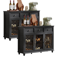 Farmhouse sideboard cabinet in black with drawers and three glass-front cabinet doors