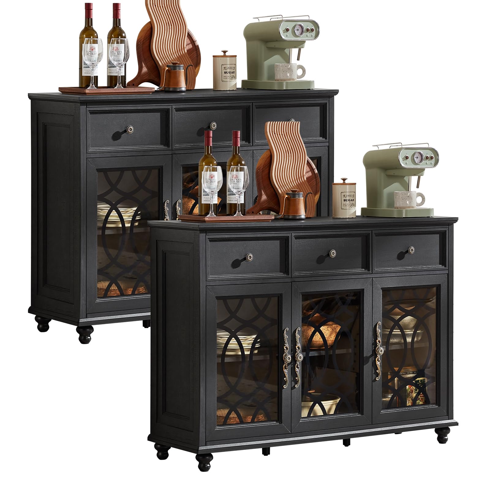 Farmhouse sideboard cabinet with 4 glass doors and 2 drawers, dark gray finish, bun feet