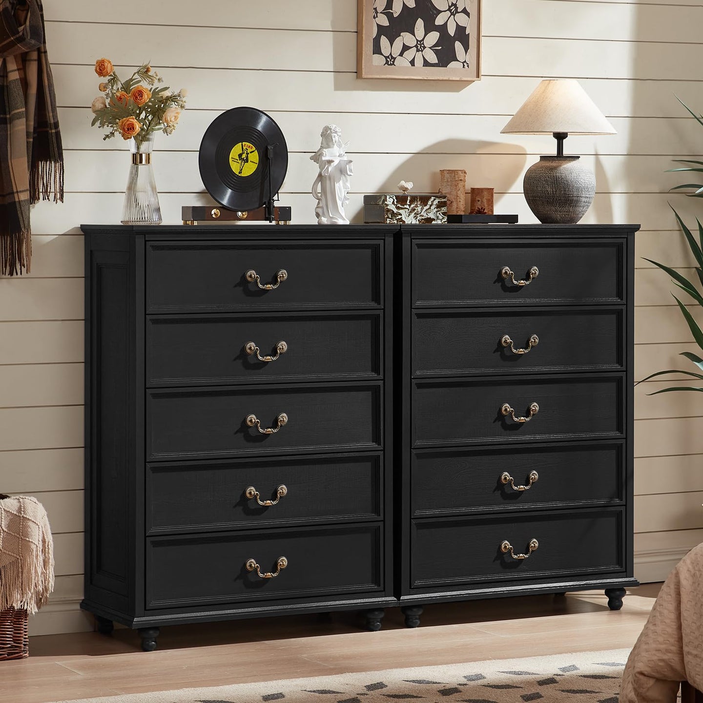 Black farmhouse 5-drawer dresser with brass-tone handles and solid wood legs