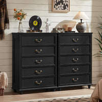 Black farmhouse 5-drawer dresser with brass-tone handles and solid wood legs