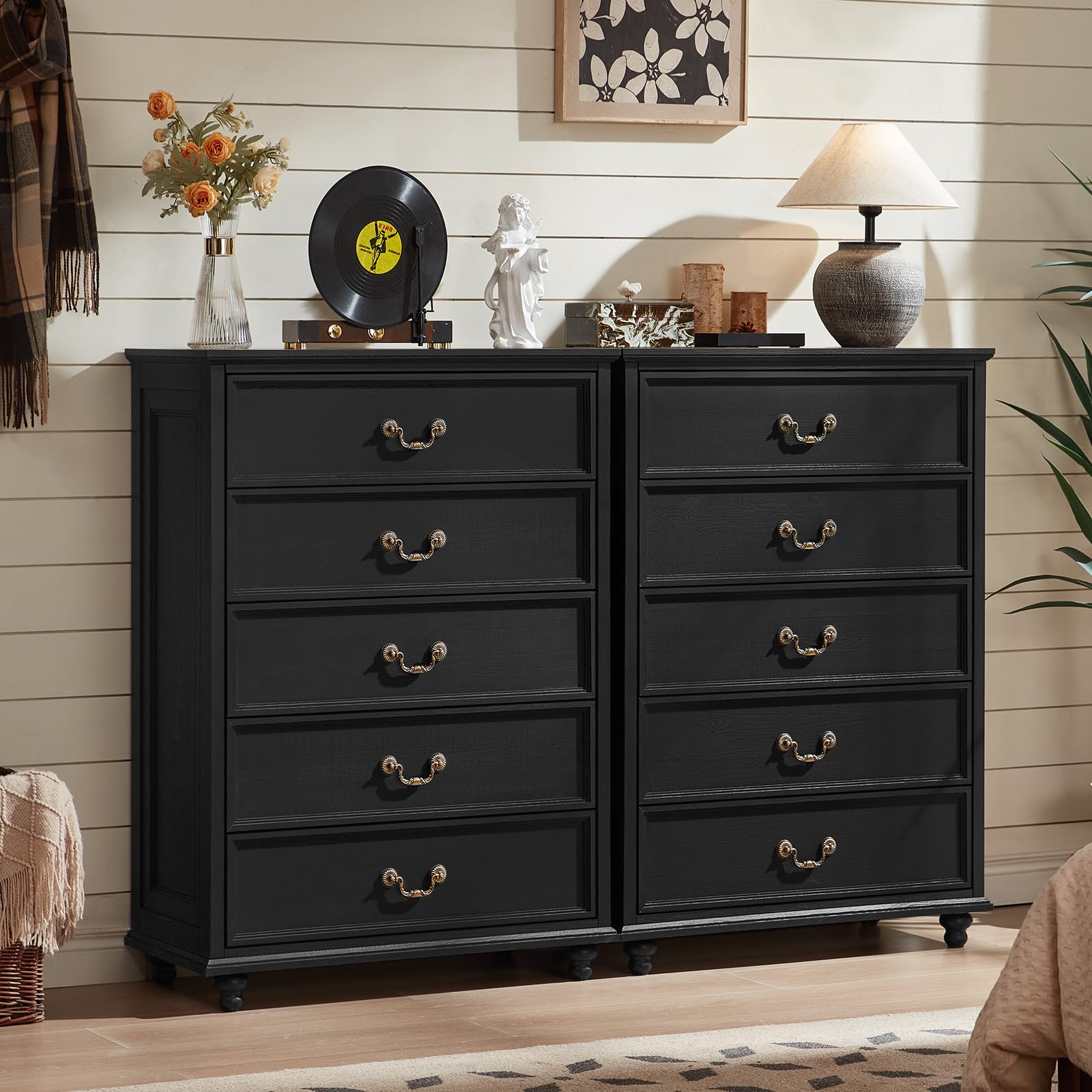 Farmhouse 5 Drawer Dresser for Bedroom, 45" Tall Rustic Chests of Drawers w/ 4 Solid Wood Feet, Mid Century Modern Wooden Closet Storage Dressers Organizer for Living Room, Hallway, Navy Blue
