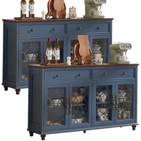 Farmhouse sideboard cabinet in blue with drawers and three glass-front cabinet doors